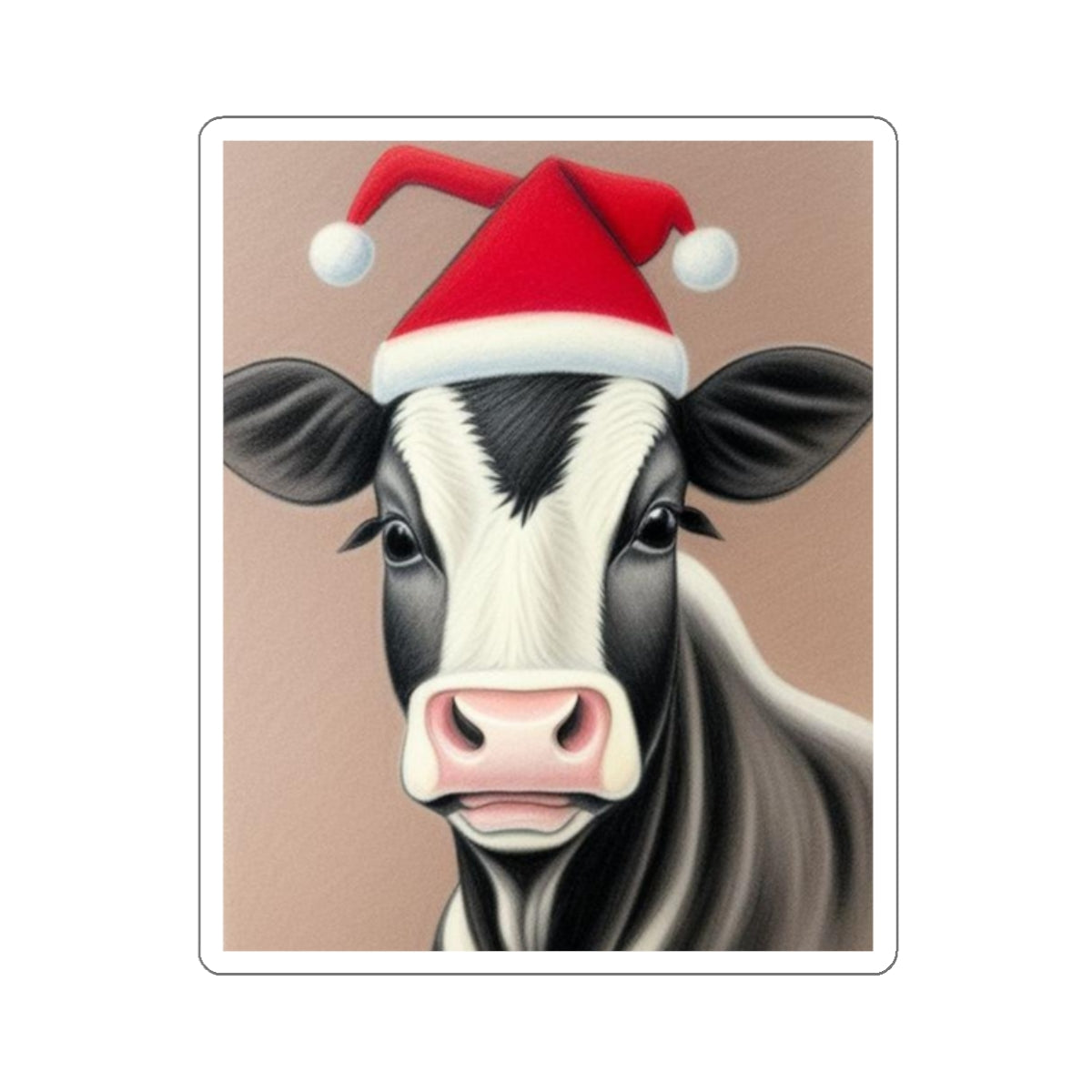 Sticker, Christmas Heifer With Santa Hat, 2" Square, 1mm Thick, Glossy