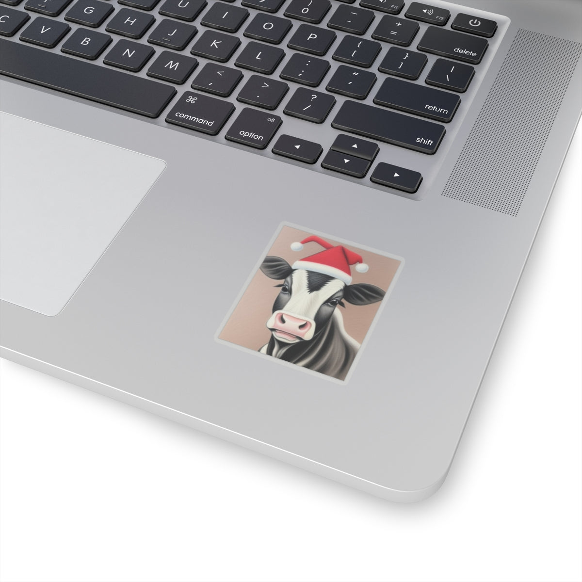 Sticker, Christmas Heifer With Santa Hat, 2" Square, 1mm Thick, Glossy