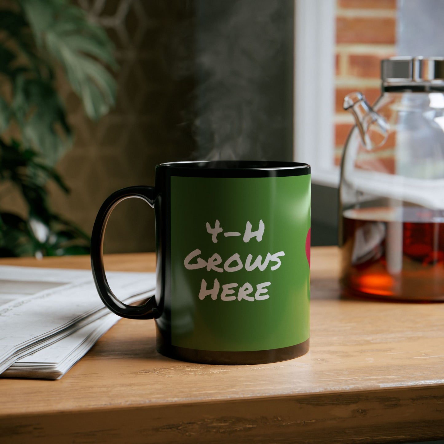 4-H Grows Here Black Mug With Green Overlay, 4-H Logo, and Make The Best Better Rainbow (11oz, 15oz)