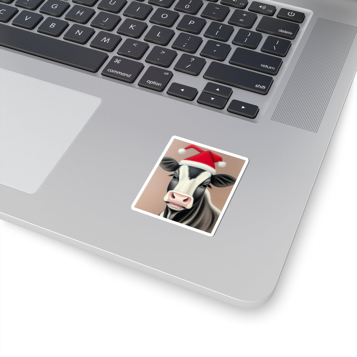 Sticker, Christmas Heifer With Santa Hat, 2" Square, 1mm Thick, Glossy