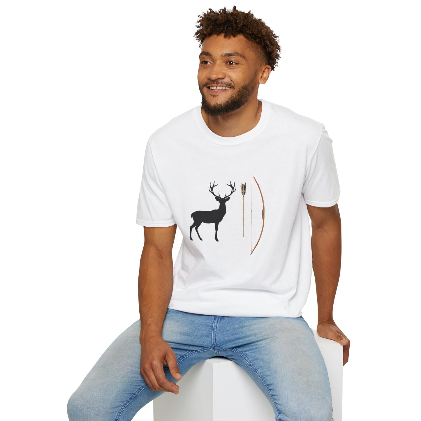 Archery Bare Bow, Arrow, and 3D Deer Target: Unisex Softstyle T-Shirt For Men, Women & Children