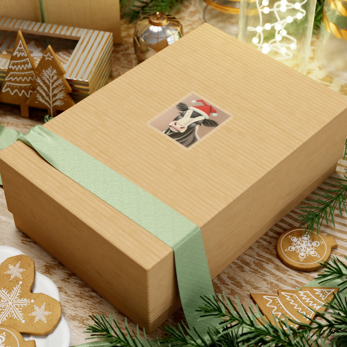 Sticker, Christmas Heifer With Santa Hat, 2" Square, 1mm Thick, Glossy