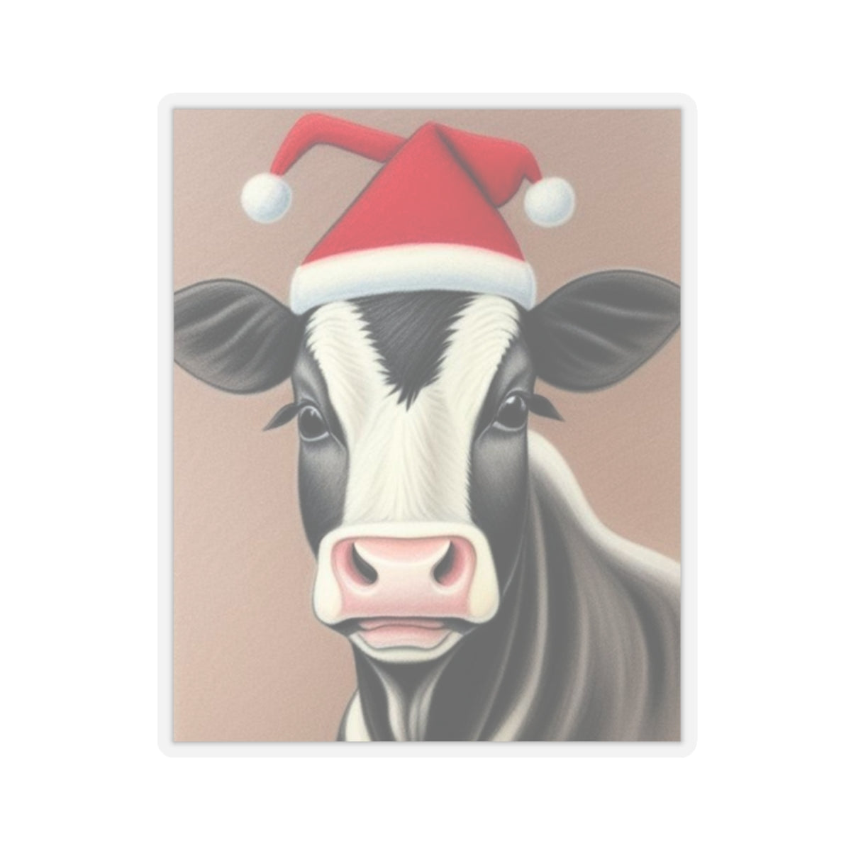 Sticker, Christmas Heifer With Santa Hat, 2" Square, 1mm Thick, Glossy