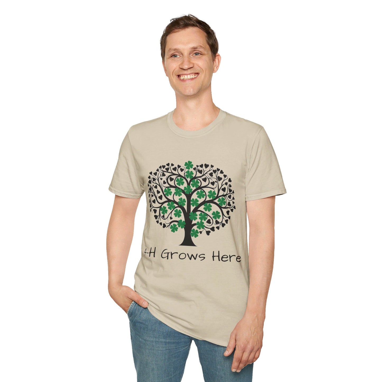 "4-H Grows Here" Tree with Clovers: Unisex Softstyle T-Shirt For All Ages