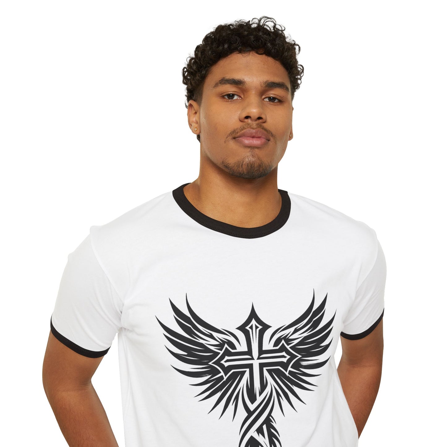 Bold Cross Christian T-shirt: Unisex Cotton Ringer T-Shirt for Motorcycle Riders or Men, Women, Teens and Youth