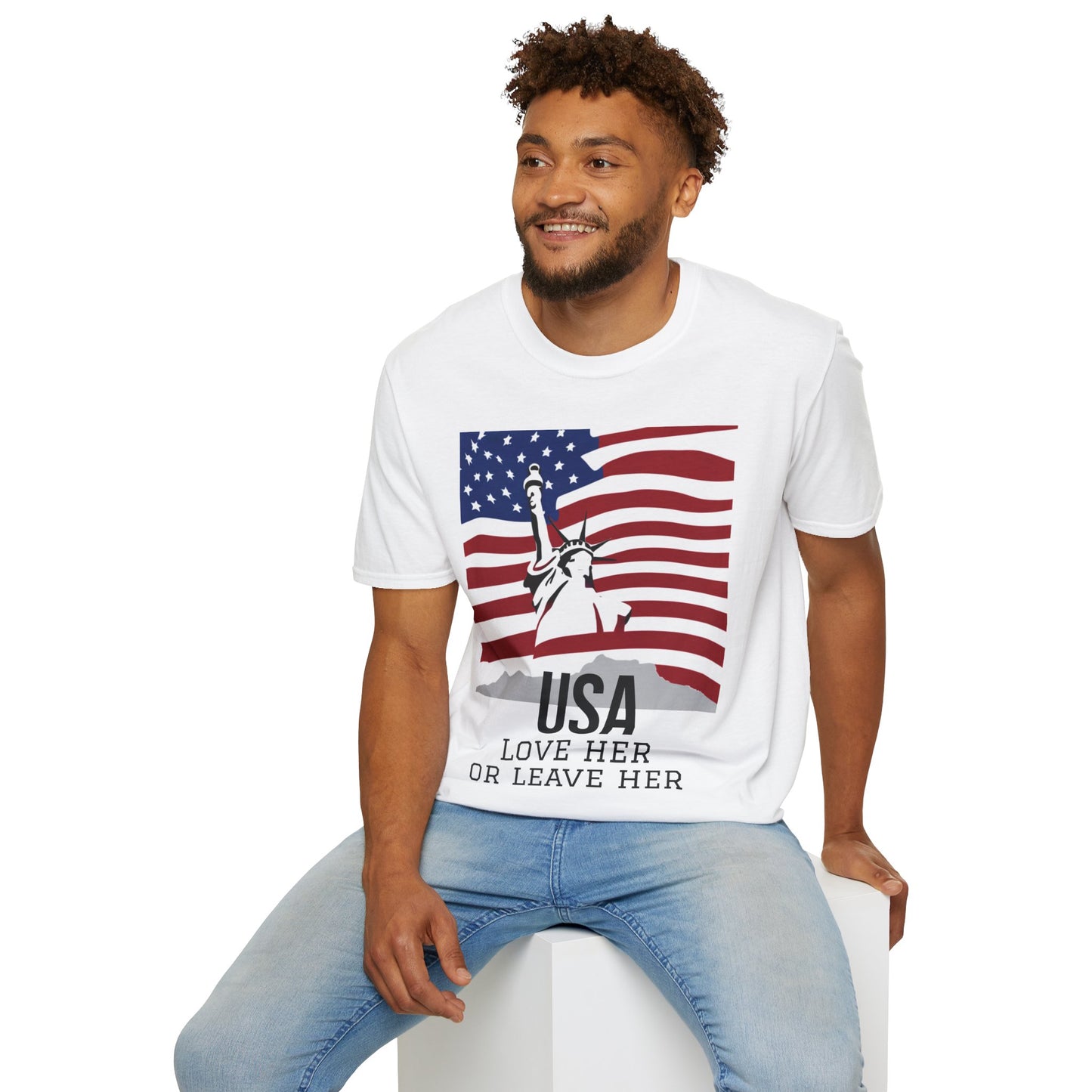 USA Love Her or Leave Her, Unisex Softstyle T-Shirt, for Men, Women, Veterans and Patriots