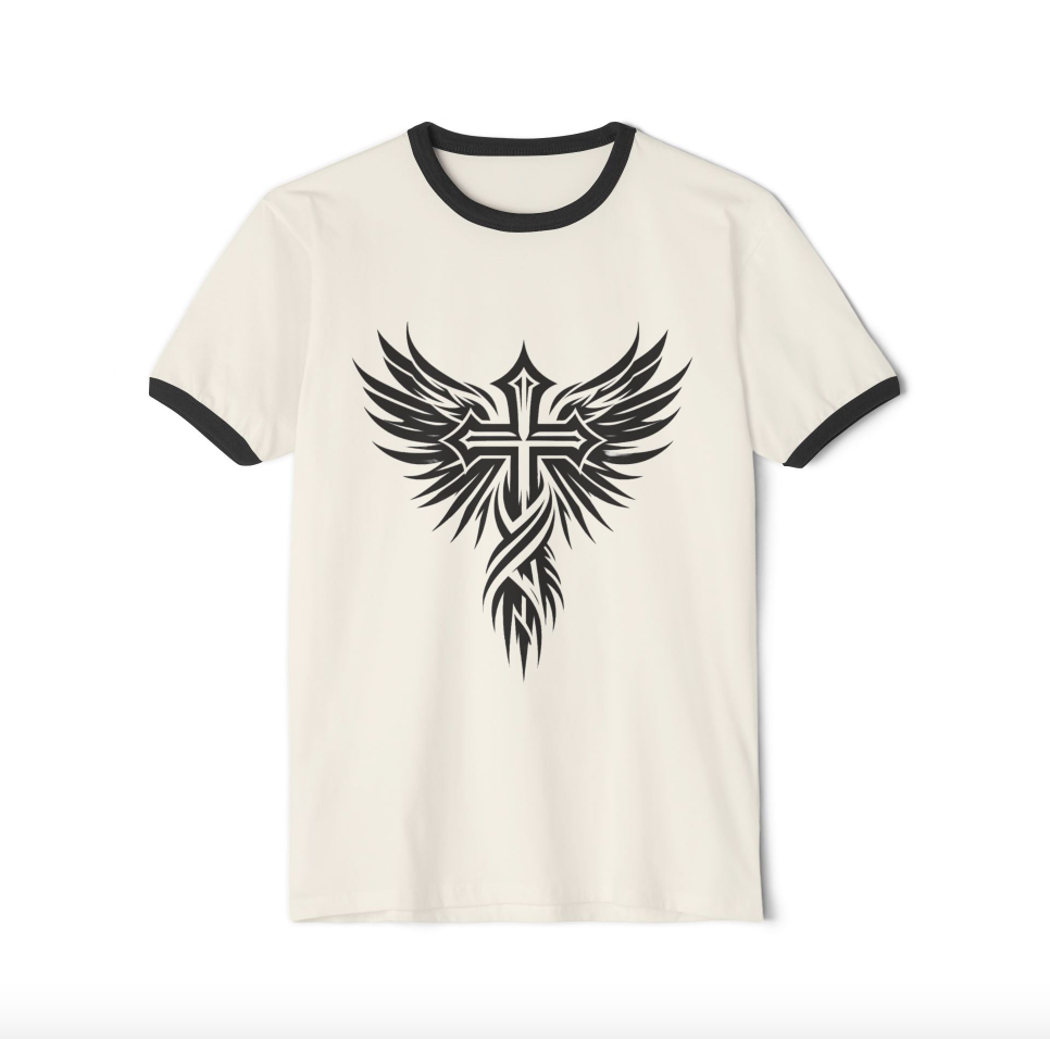 cross and angel wings on tshirt