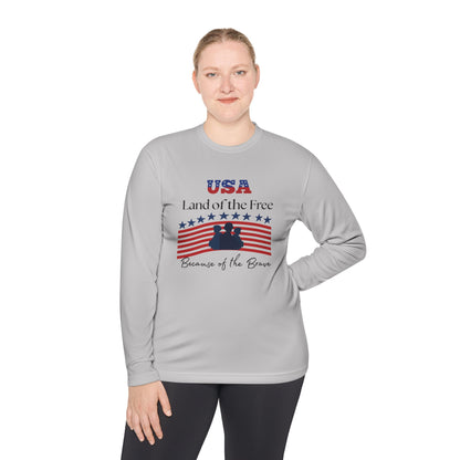 Patriotic Long Sleeve Lightweight Tee - USA Land of the Free, Because of the Brave, Independence Day Gift, Veterans Day, Americana Apparel
