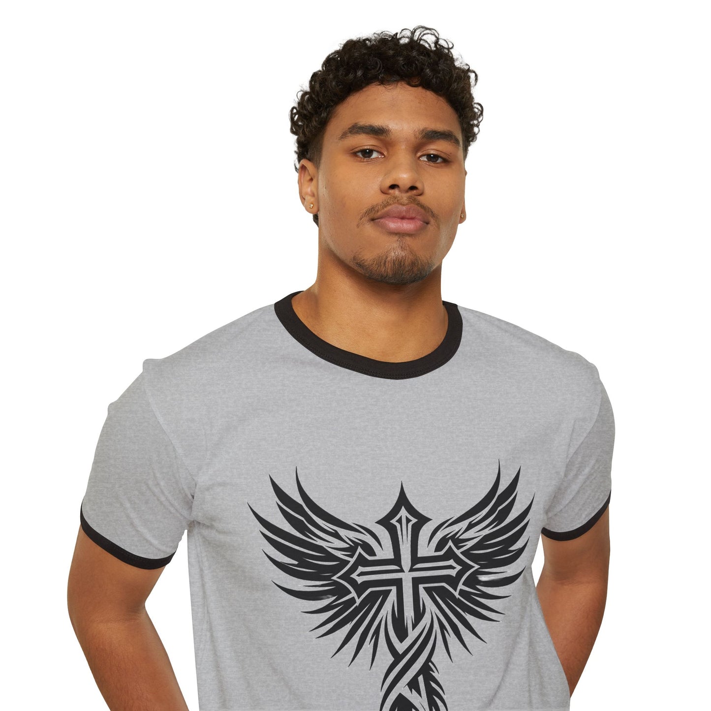 Bold Cross Christian T-shirt:  Unisex Cotton Ringer T-Shirt for Motorcycle Riders or Men, Women, Teens and Youth