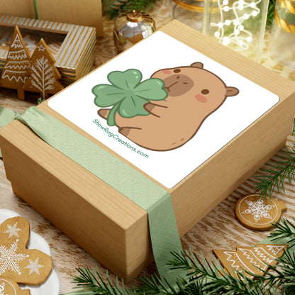 Cute Capybara Sticker — Kawaii Animal Holding 4-H-Like Four-Leaf Clover with ShowRingCreations.com Text Underneath