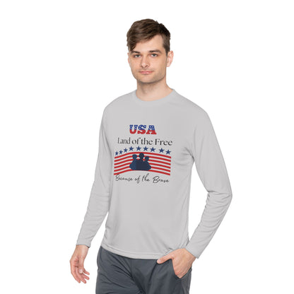 Patriotic Long Sleeve Lightweight Tee - USA Land of the Free, Because of the Brave, Independence Day Gift, Veterans Day, Americana Apparel