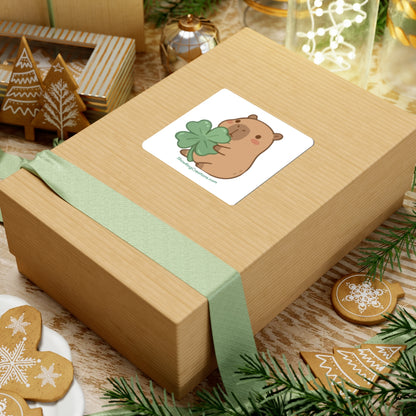 Cute Capybara Sticker — Kawaii Animal Holding 4-H-Like Four-Leaf Clover with ShowRingCreations.com Text Underneath