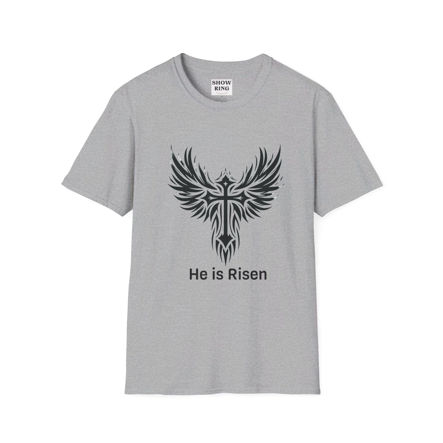 He is Risen T-shirt with Celtic Christian Cross: Unisex Softstyle T-Shirt for Motorcycle Riders, Men, Women and Children