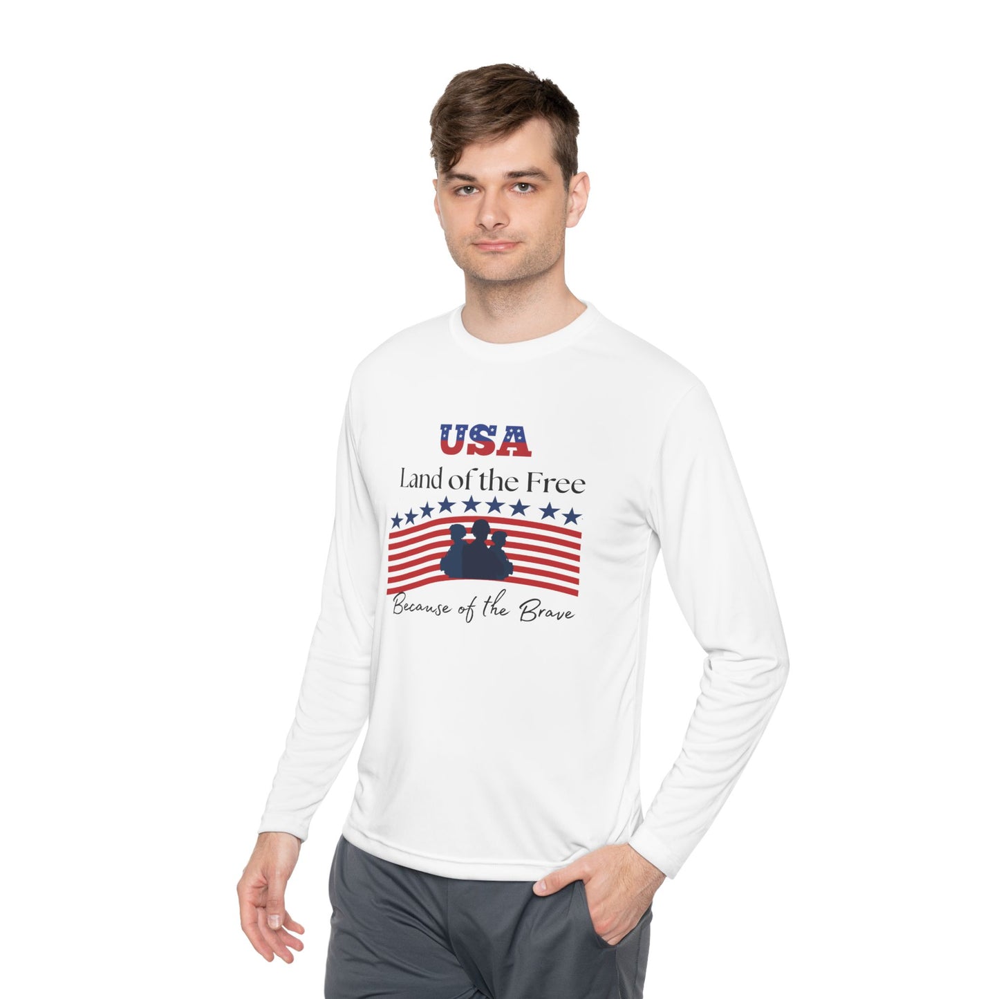 Patriotic Long Sleeve Lightweight Tee - USA Land of the Free, Because of the Brave, Independence Day Gift, Veterans Day, Americana Apparel