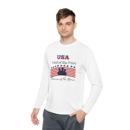 Patriotic Long Sleeve Lightweight Tee - USA Land of the Free, Because of the Brave, Independence Day Gift, Veterans Day, Americana Apparel