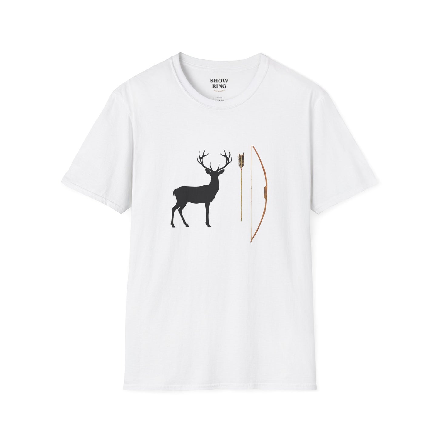 Archery Bow, Arrow, and 3D Deer Target: Unisex Softstyle T-Shirt For Men, Women & Children