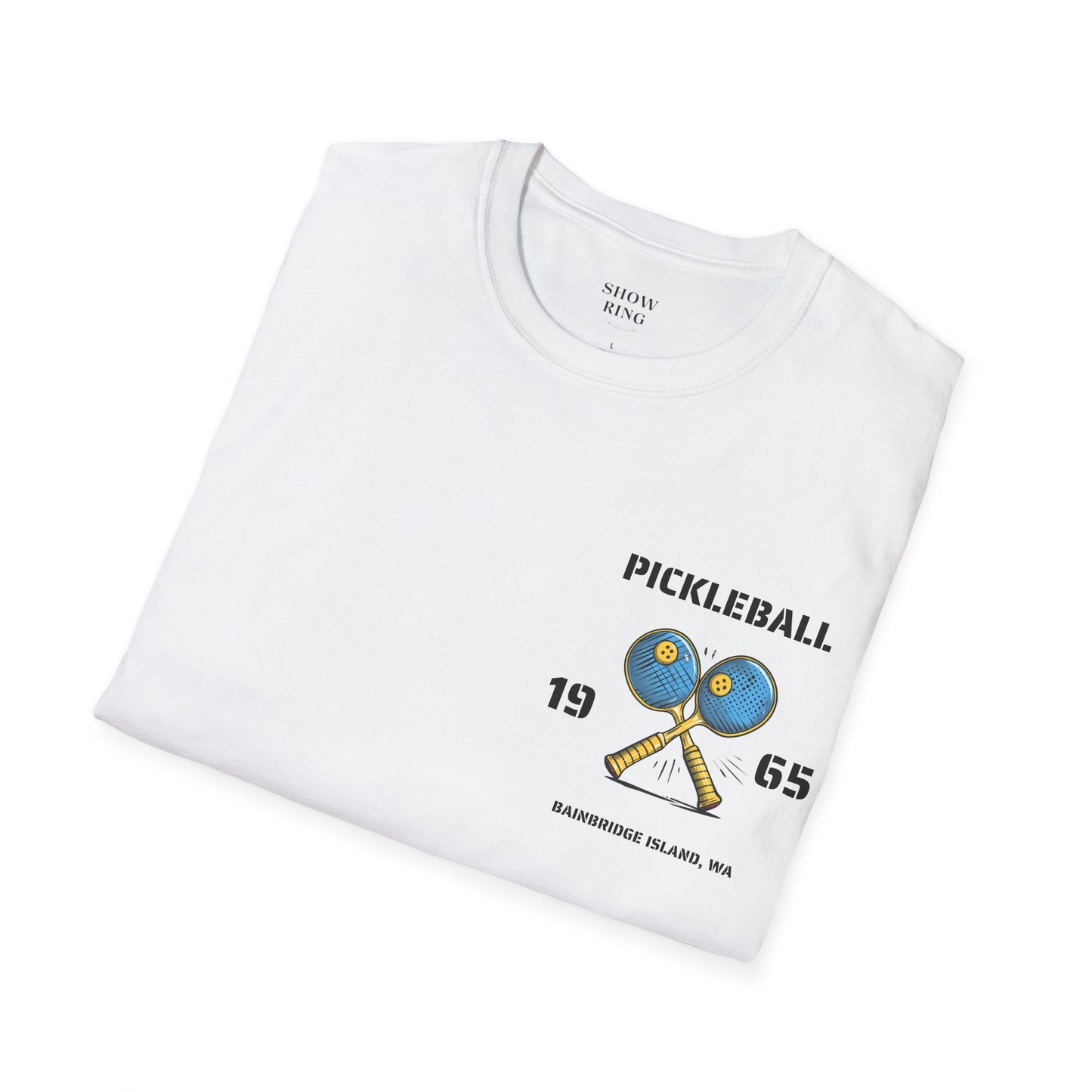 Pickleball Origins 1965, Bainbridge Island, WA.  Unisex Soft style T-Shirt for Men and Women.