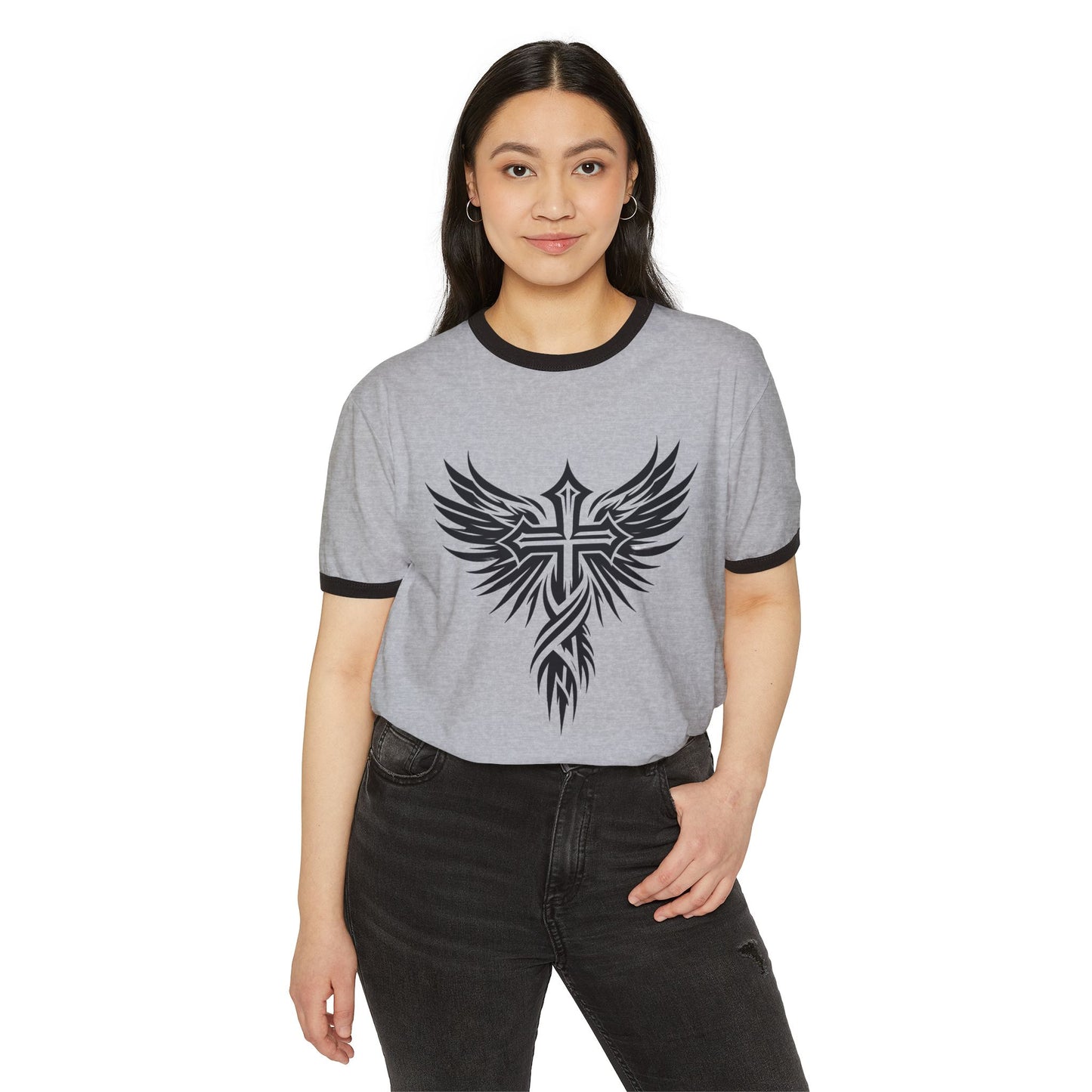 Bold Cross Christian T-shirt:  Unisex Cotton Ringer T-Shirt for Motorcycle Riders or Men, Women, Teens and Youth