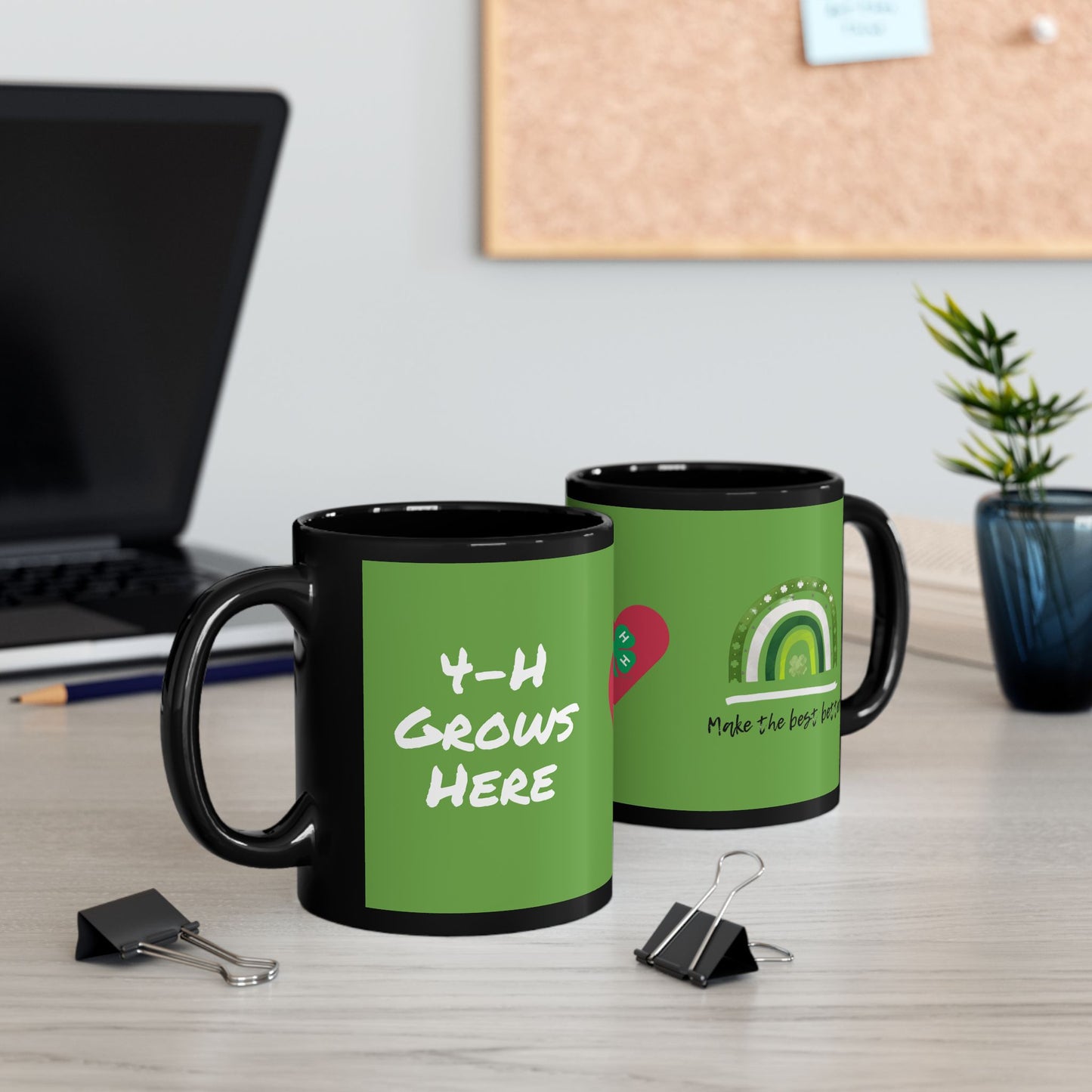 4-H Grows Here Black Mug With Green Overlay, 4-H Logo, and Make The Best Better Rainbow (11oz, 15oz)