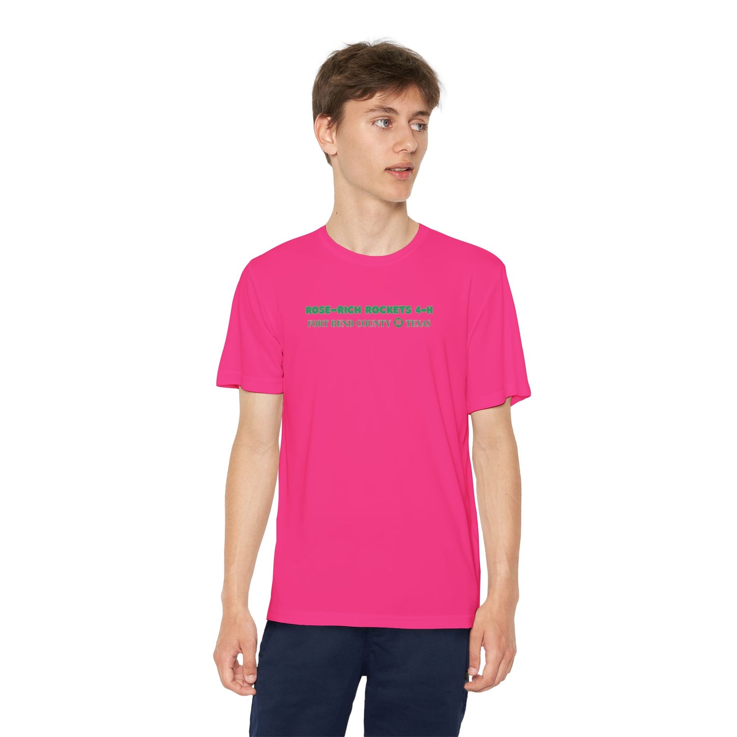 Youth Shirt, Rose-Rich 4-H Rocketry Club, Moisture Wicking, Safety Colors Available