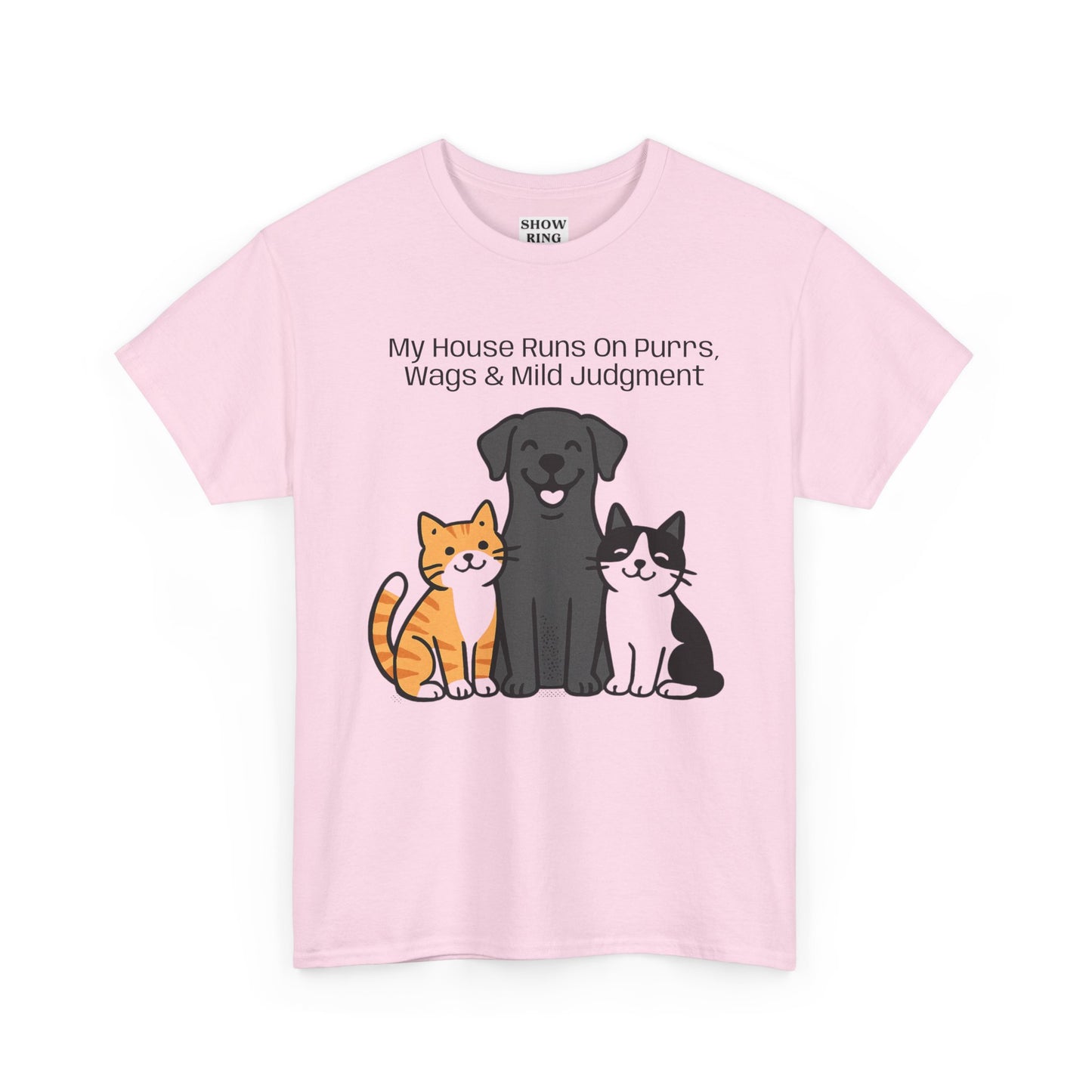 My House Runs on Purrs, Wags and Mild Judgment T-Shirt | Cute Cat & Dog Illustration Tee