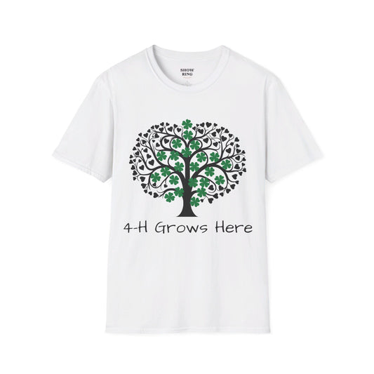 4-H Grows Here Tree with Clovers:  Unisex Softstyle T-Shirt For Men, Women, Teens