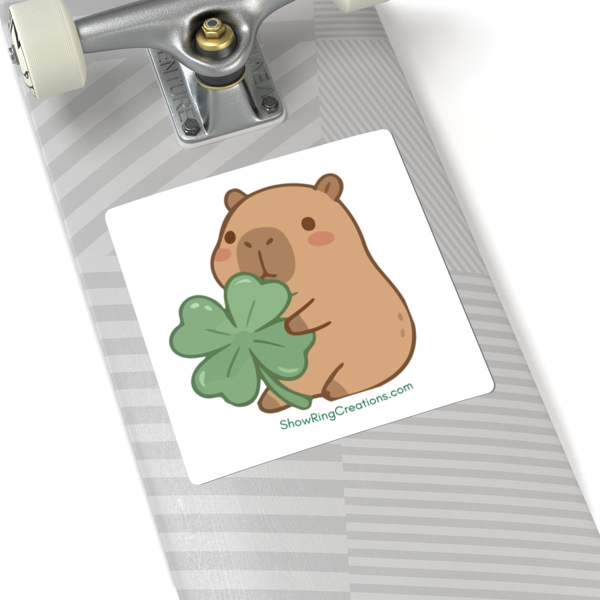 Cute Capybara Sticker — Kawaii Animal Holding 4-H-Like Four-Leaf Clover with ShowRingCreations.com Text Underneath