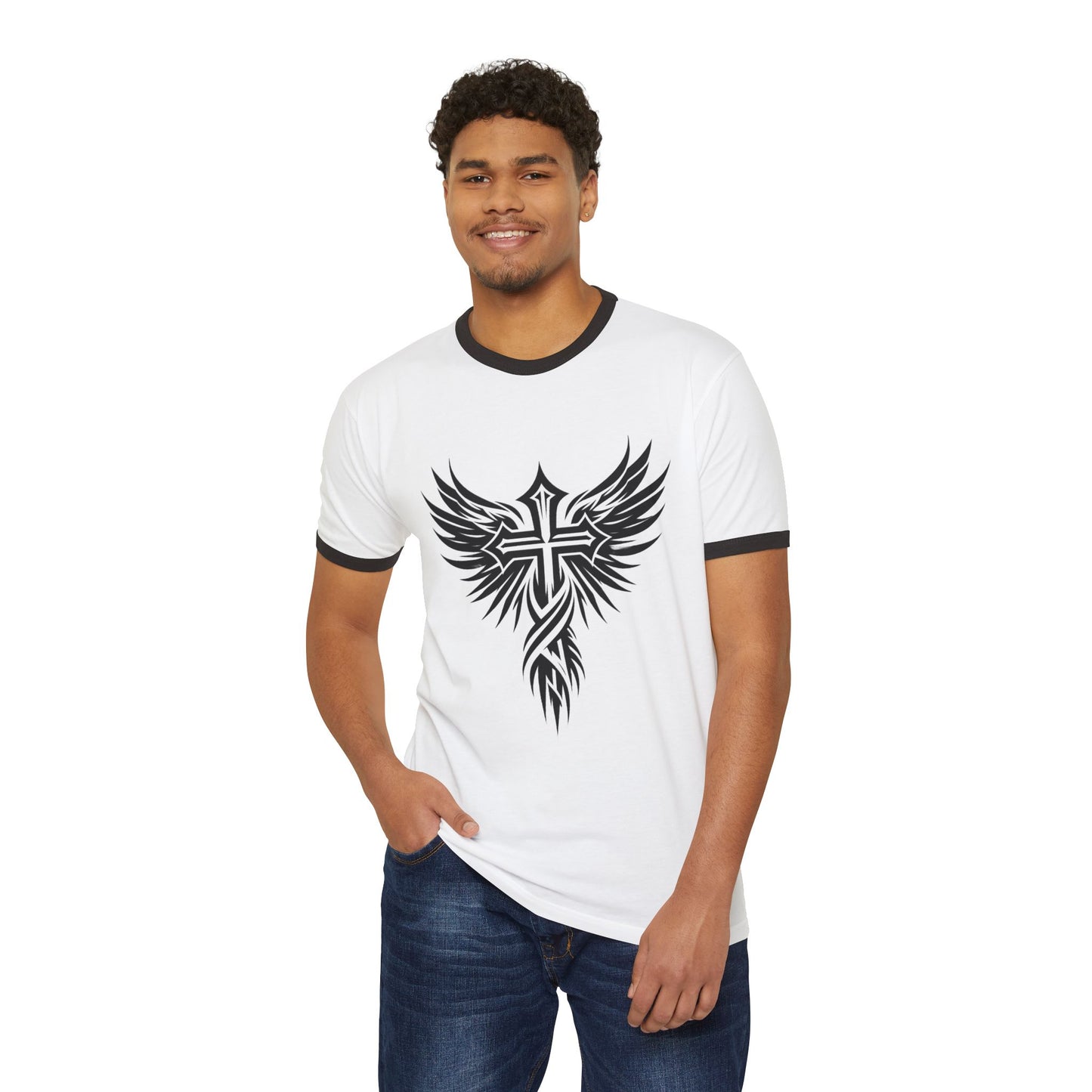 Bold Cross Christian T-shirt:  Unisex Cotton Ringer T-Shirt for Motorcycle Riders or Men, Women, Teens and Youth