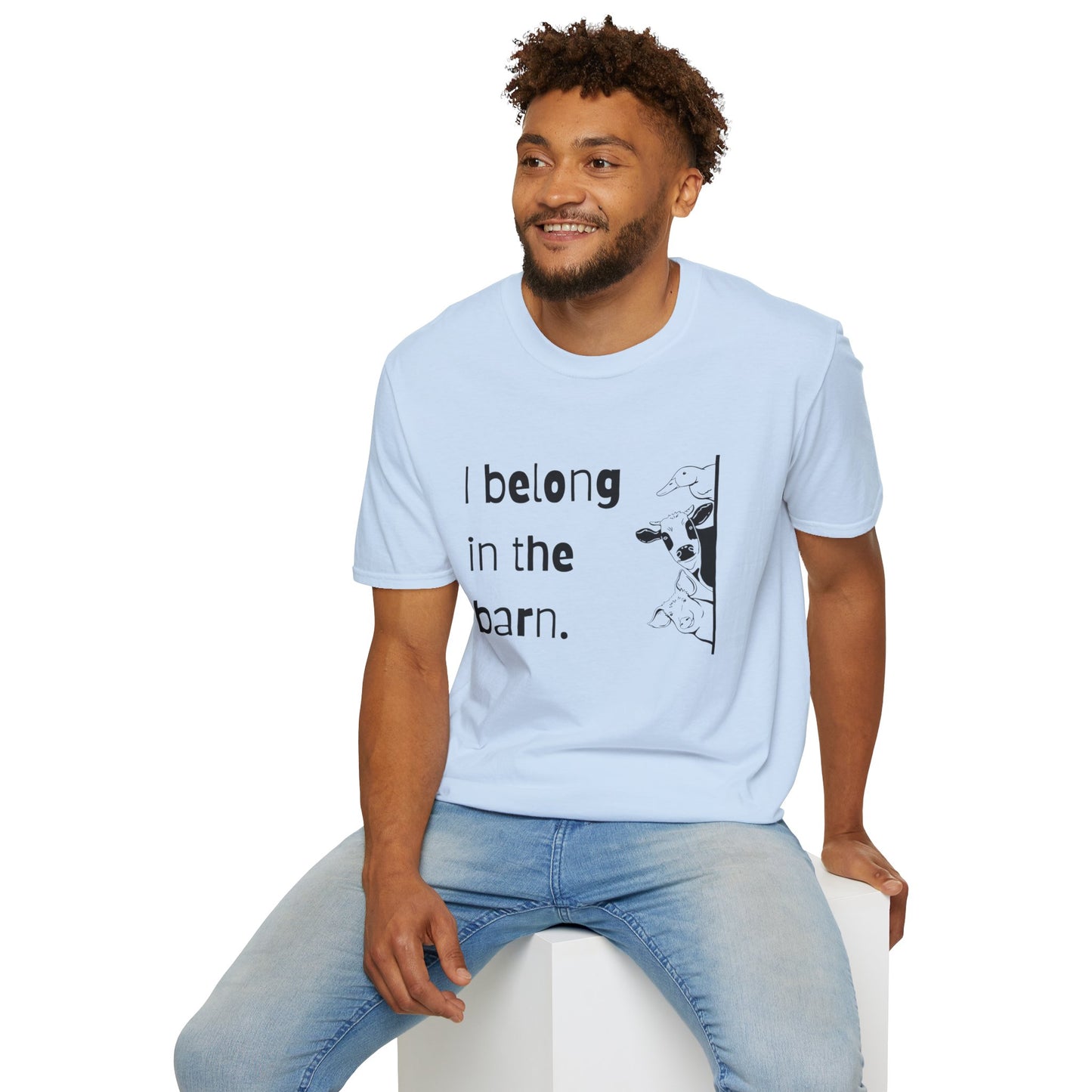 I Belong in the Barn Unisex Softstyle T-Shirt, Farm Life Tee, Animal Lover Gift, Casual Wear, Unique Graphic Top