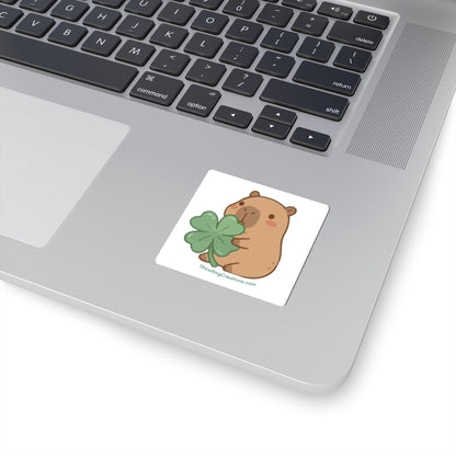 Cute Capybara Sticker — Kawaii Animal Holding 4-H-Like Four-Leaf Clover with ShowRingCreations.com Text Underneath