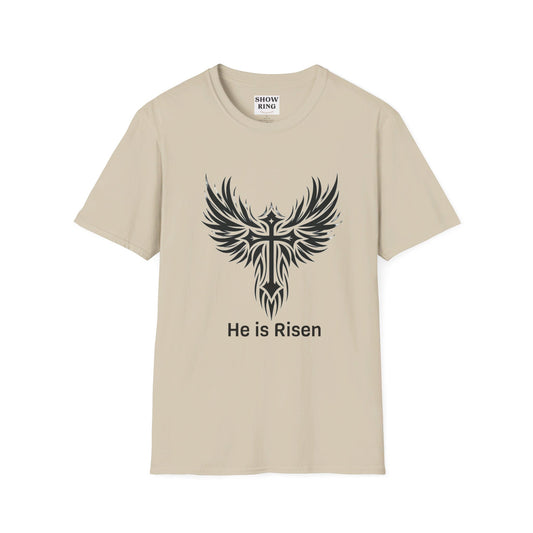 He is Risen T-shirt with Celtic Christian Cross: Unisex Softstyle T-Shirt for Motorcycle Riders, Men, Women and Children