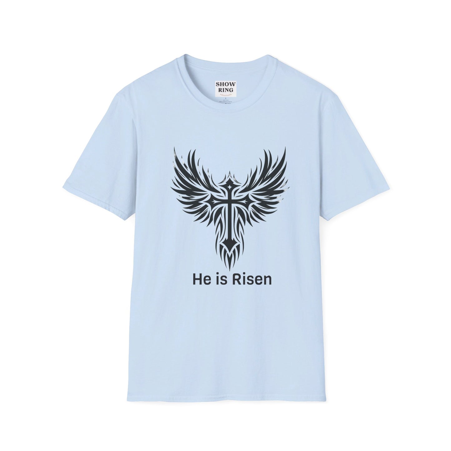 He is Risen T-shirt with Celtic Christian Cross: Unisex Softstyle T-Shirt for Motorcycle Riders, Men, Women and Children