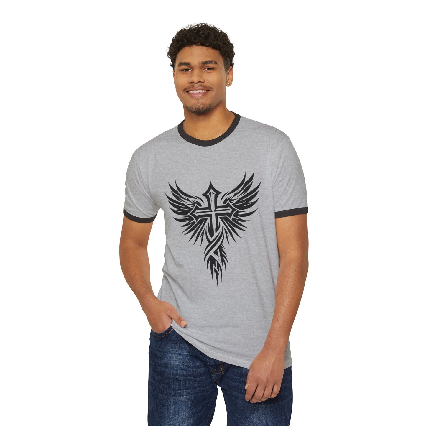 Bold Cross Christian T-shirt:  Unisex Cotton Ringer T-Shirt for Motorcycle Riders or Men, Women, Teens and Youth