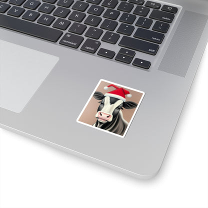Sticker, Christmas Heifer With Santa Hat, 2" Square, 1mm Thick, Glossy
