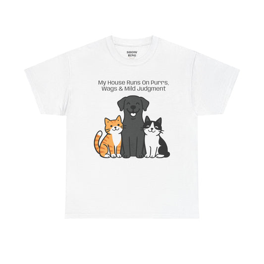 My House Runs on Purrs, Wags and Mild Judgment T-Shirt | Cute Cat & Dog Illustration Tee