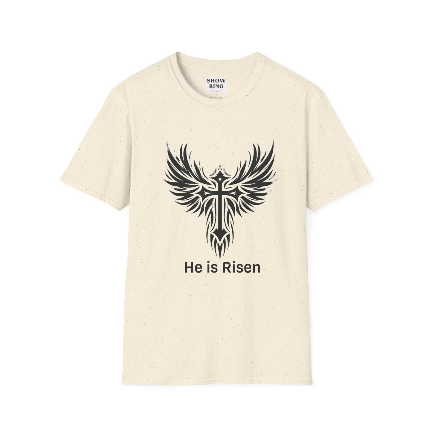 He is Risen T-shirt with Celtic Christian Cross: Unisex Softstyle T-Shirt for Motorcycle Riders, Men, Women and Children