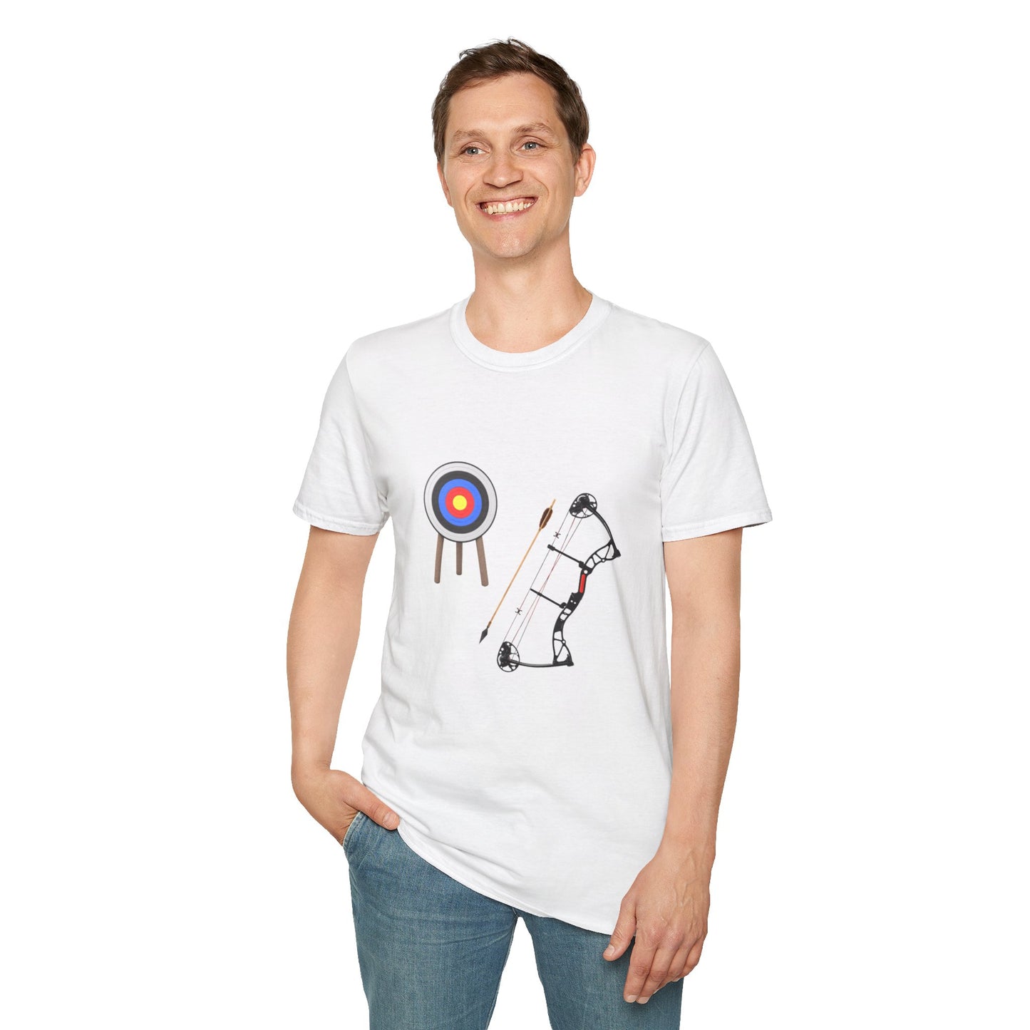 Archery Bow, Arrow and Target - Style 2: Unisex Softstyle T-Shirt for Men, Women and Children