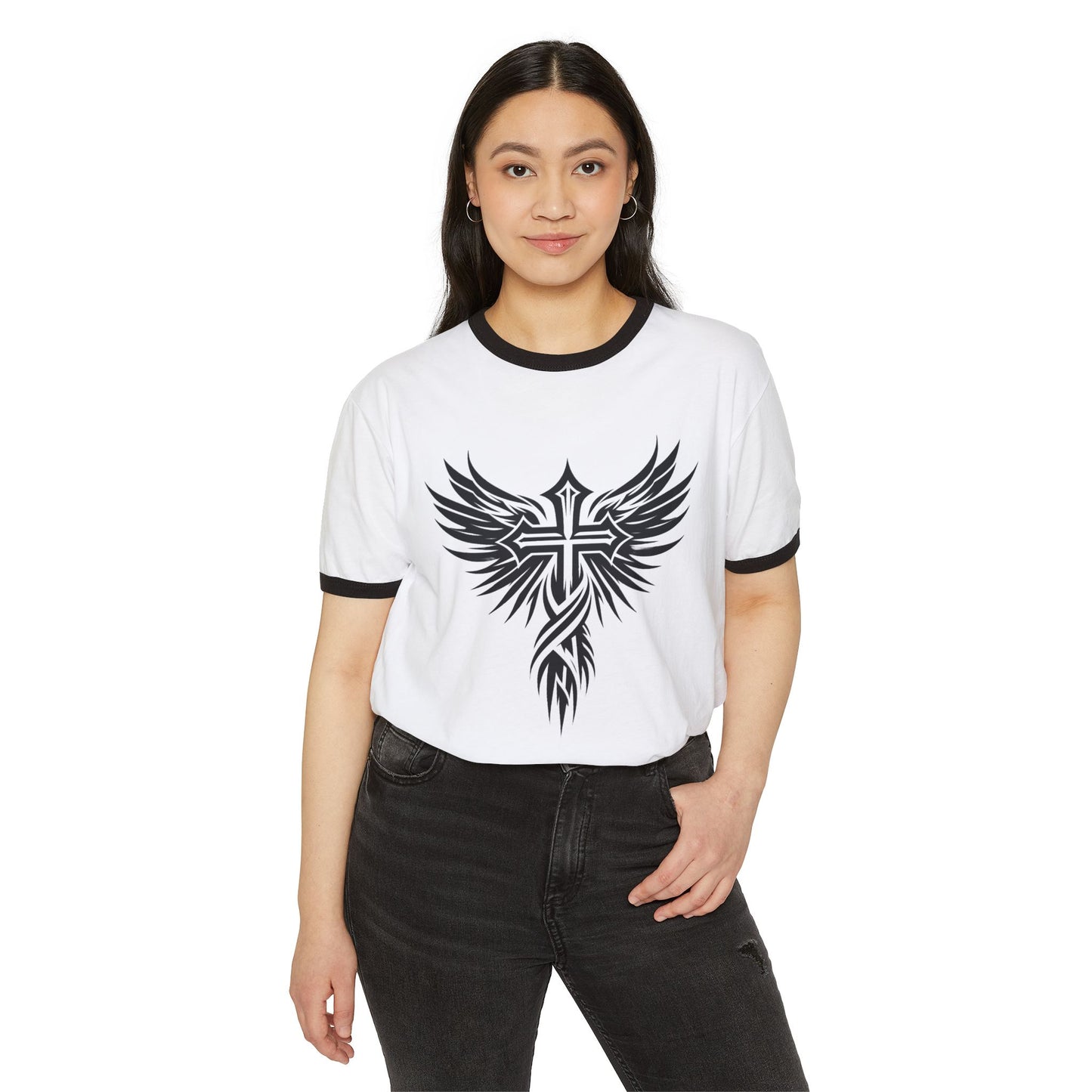 Bold Cross Christian T-shirt:  Unisex Cotton Ringer T-Shirt for Motorcycle Riders or Men, Women, Teens and Youth