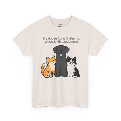 My House Runs on Purrs, Wags and Mild Judgment T-Shirt | Cute Cat & Dog Illustration Tee