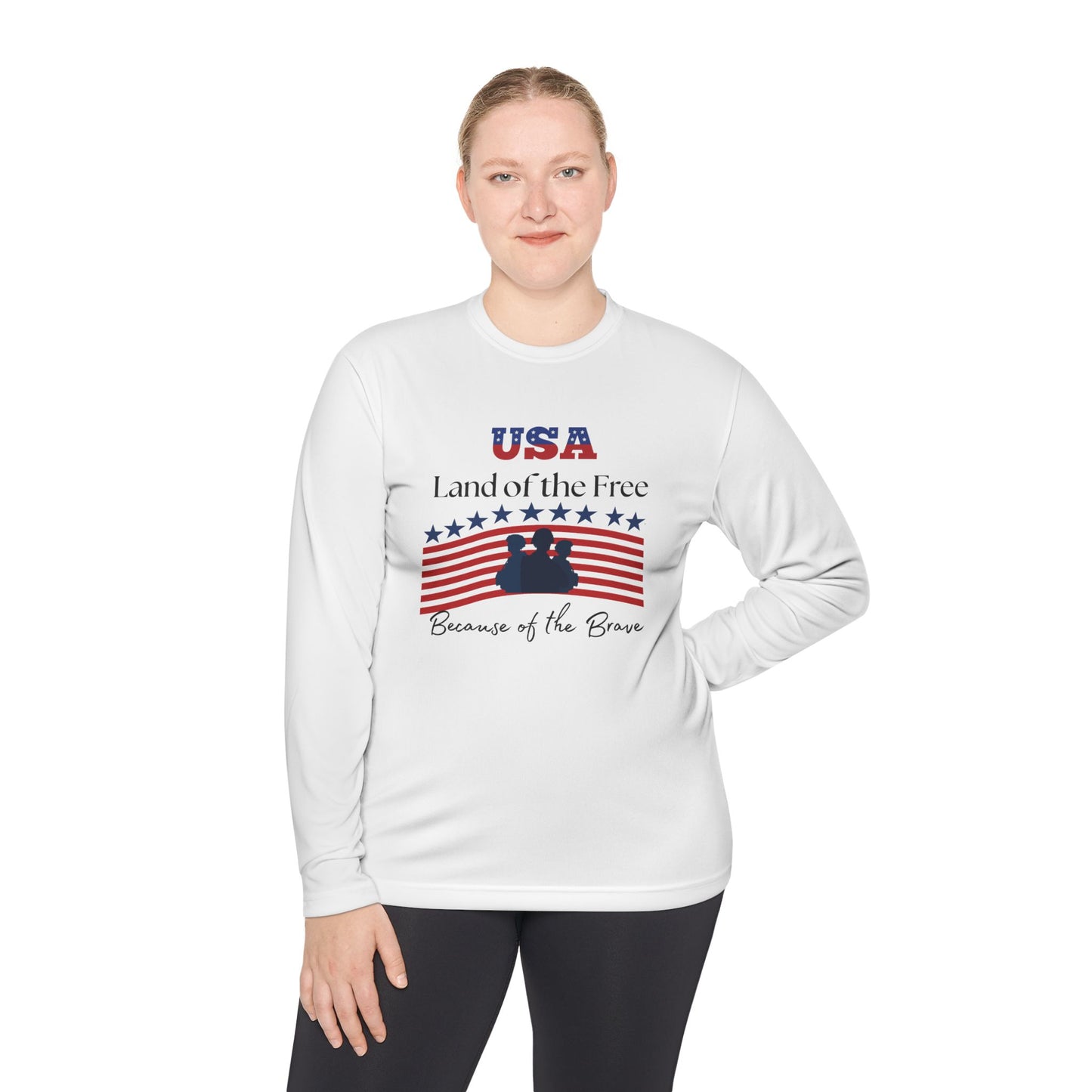 Patriotic Long Sleeve Lightweight Tee - USA Land of the Free, Because of the Brave, Independence Day Gift, Veterans Day, Americana Apparel