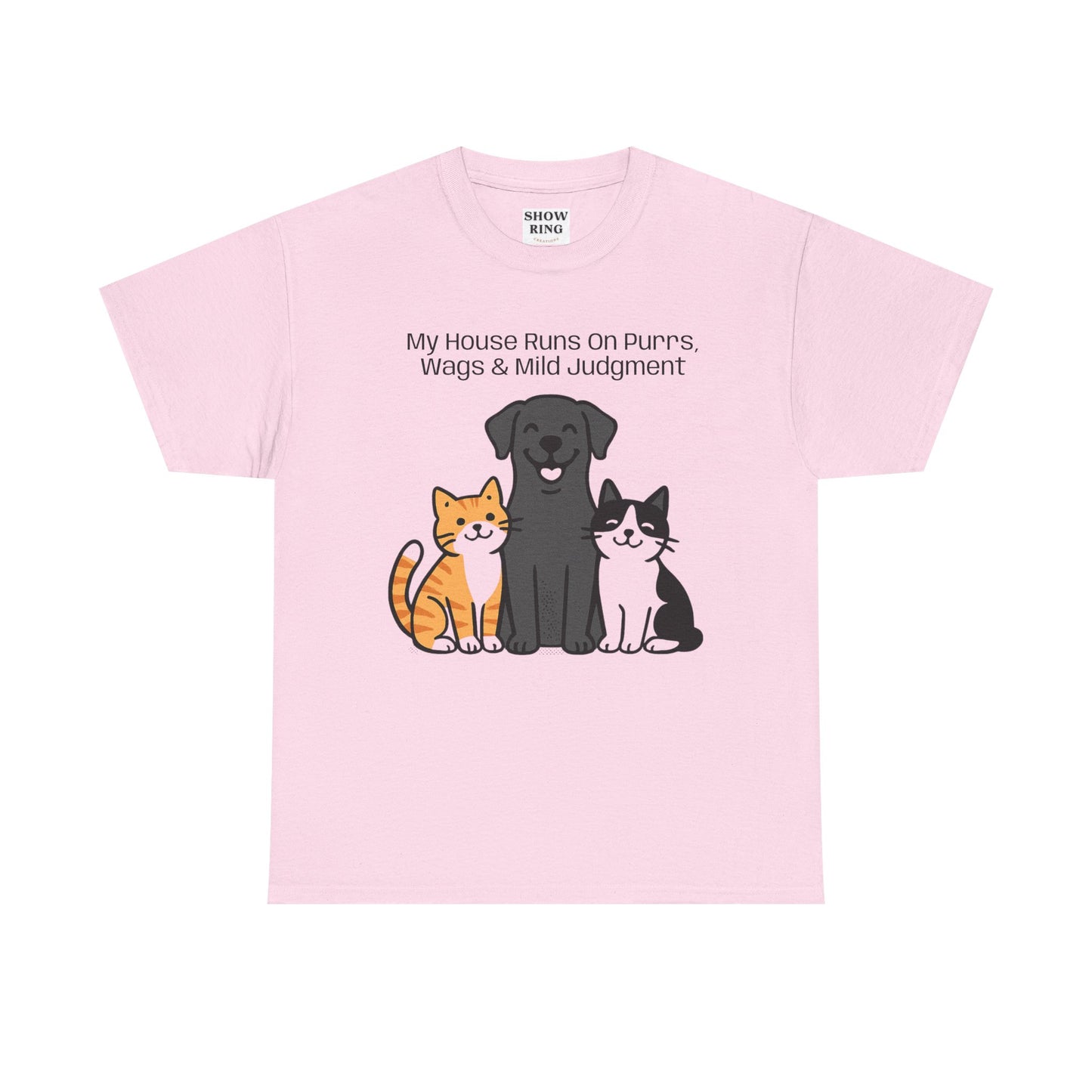 My House Runs on Purrs, Wags and Mild Judgment T-Shirt | Cute Cat & Dog Illustration Tee