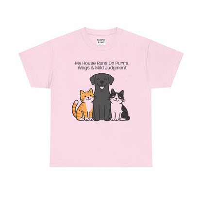 My House Runs on Purrs, Wags and Mild Judgment T-Shirt | Cute Cat & Dog Illustration Tee