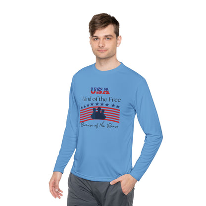 Patriotic Long Sleeve Lightweight Tee - USA Land of the Free, Because of the Brave, Independence Day Gift, Veterans Day, Americana Apparel