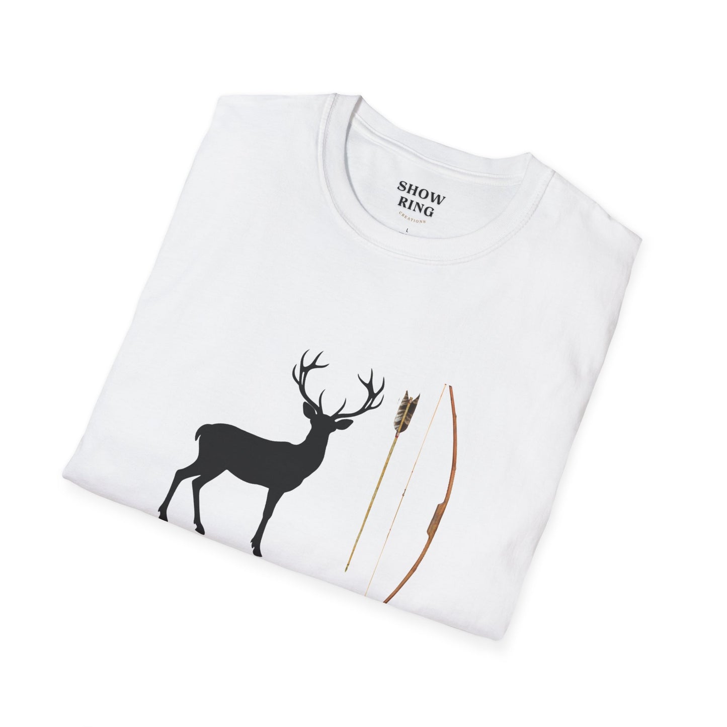 Archery Bow, Arrow, and 3D Deer Target: Unisex Softstyle T-Shirt For Men, Women & Children