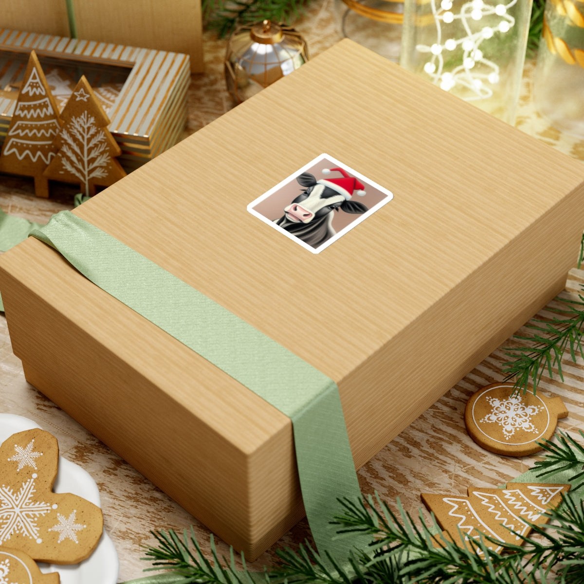 Sticker, Christmas Heifer With Santa Hat, 2" Square, 1mm Thick, Glossy