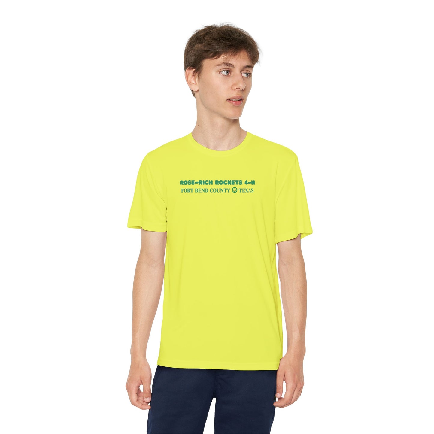 Youth Shirt, Rose-Rich 4-H Rocketry Club, Moisture Wicking, Safety Colors Available