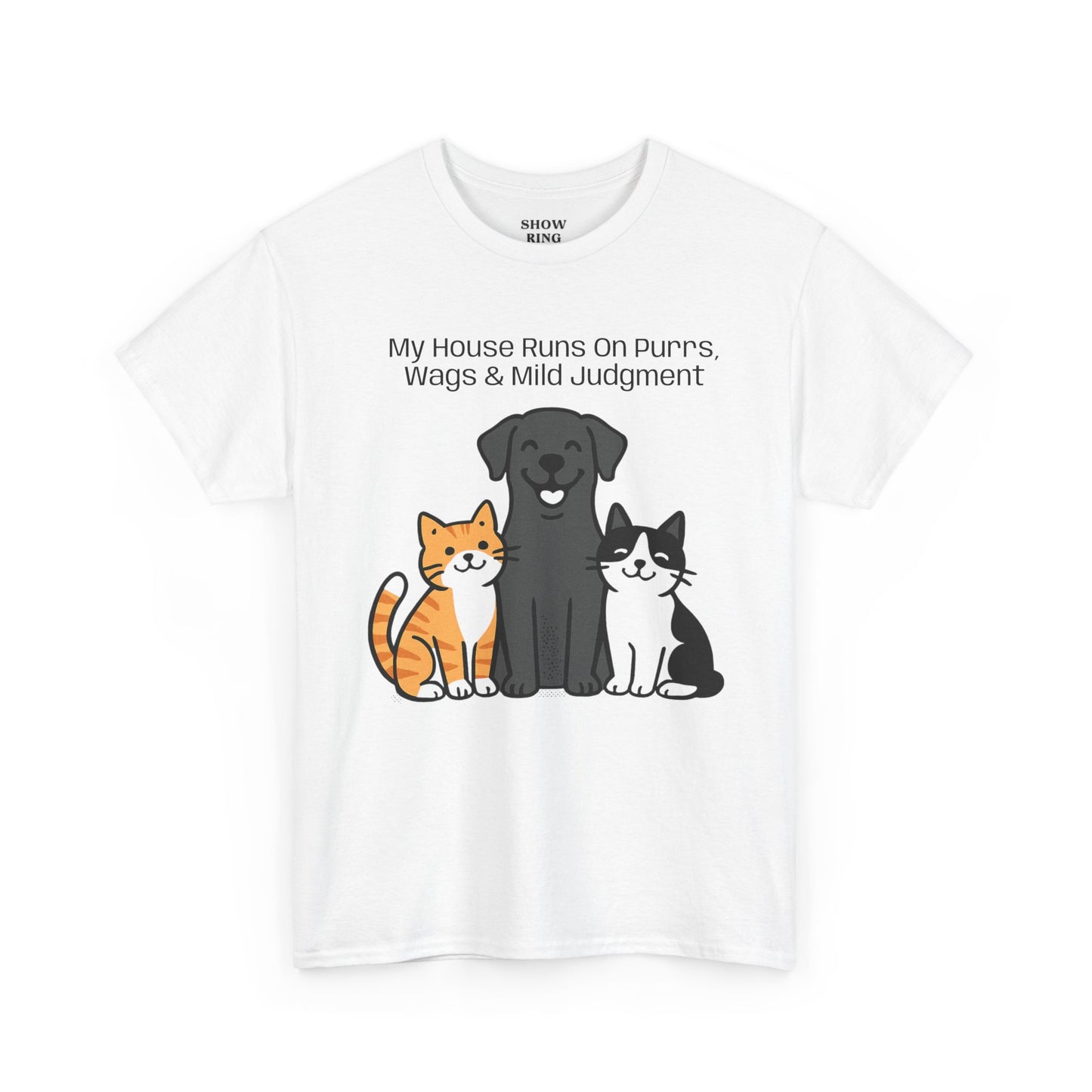 My House Runs on Purrs, Wags and Mild Judgment T-Shirt | Cute Cat & Dog Illustration Tee