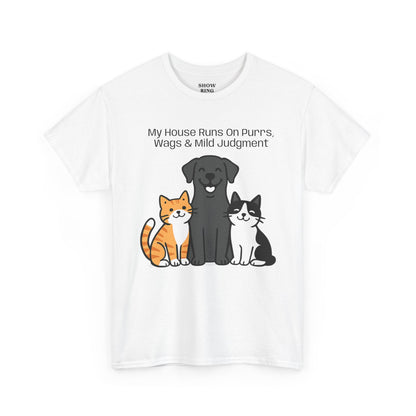 My House Runs on Purrs, Wags and Mild Judgment T-Shirt | Cute Cat & Dog Illustration Tee