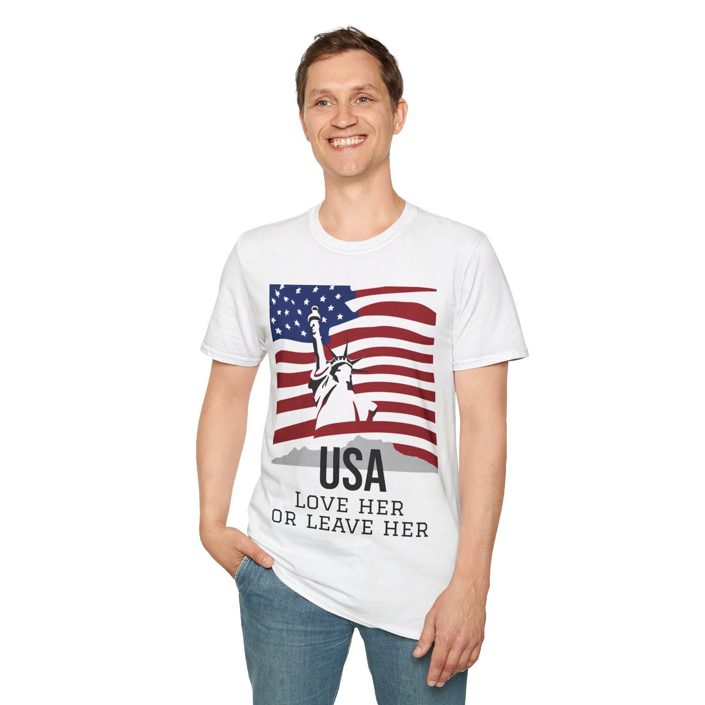 USA Love her or leave her, Unisex Softstyle T-Shirt, for men, women, veterans and patriots