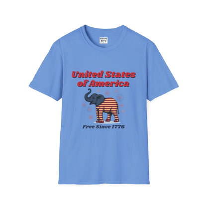 Patriotic Elephant T-Shirt, Free Since 1776, USA Pride Tee, Casual Independence Day Shirt, Vintage Style US Pride Apparel, Gift for Elephant Lovers